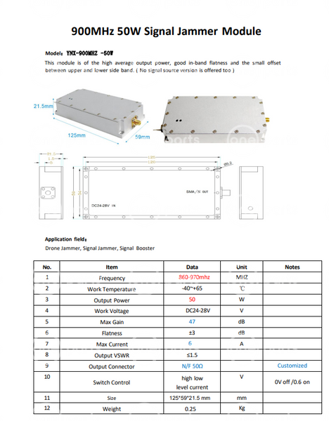 Модуль перешкод генератор шуму для РЕБ (Jammer) 800 - 900 МГц, DC28-30V, 50W YAT-8-9 фото